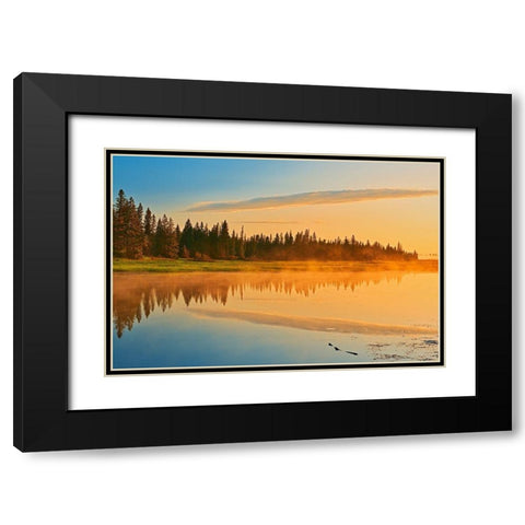 Canada-Manitoba-Riding Mountain National Park Fog rising above Whirlpool Lake at sunrise Black Modern Wood Framed Art Print with Double Matting by Jaynes Gallery