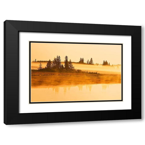 Canada-Manitoba-Riding Mountain National Park Fog rising above Whirlpool Lake at sunrise Black Modern Wood Framed Art Print with Double Matting by Jaynes Gallery