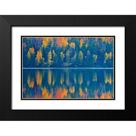 Canada-New Brunswick-Mactaquac Autumn forest reflections on St John River Black Modern Wood Framed Art Print with Double Matting by Jaynes Gallery