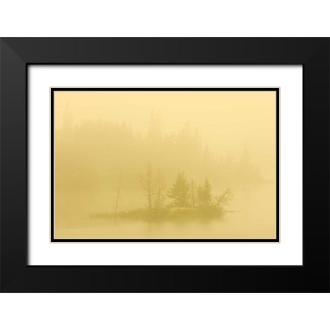 Canada, Ontario Fog on lake with small island Black Modern Wood Framed Art Print with Double Matting by Grandmaison, Mike