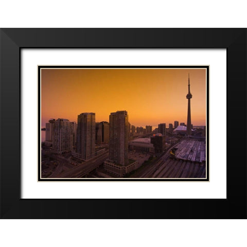Toronto City at dusk with CN Tower Black Modern Wood Framed Art Print with Double Matting by Grandmaison, Mike