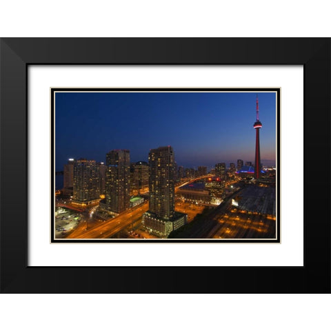 Toronto City at dusk with CN Tower Black Modern Wood Framed Art Print with Double Matting by Grandmaison, Mike