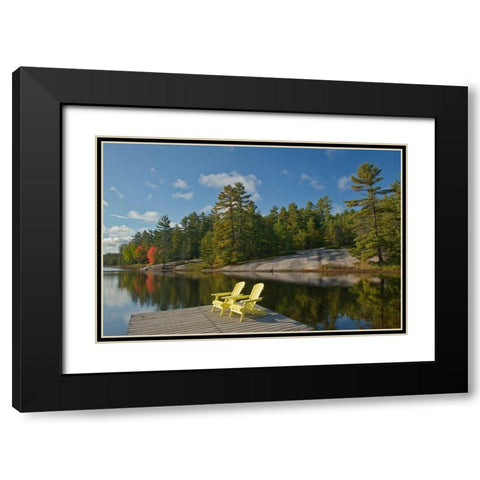 Canada-Ontario-Grundy Lake Provincial Park Muskoka chairs on lake dock Black Modern Wood Framed Art Print with Double Matting by Jaynes Gallery