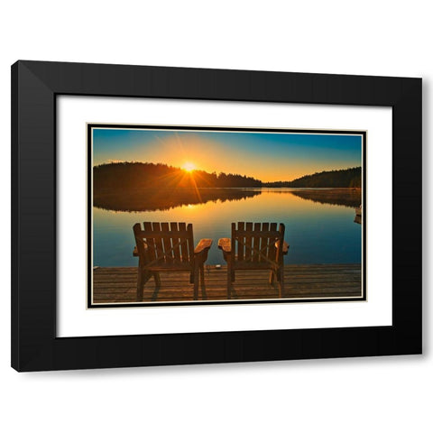Canada-Ontario-Temagami Muskoka chairs on Snake Island Lake dock at sunrise Black Modern Wood Framed Art Print with Double Matting by Jaynes Gallery