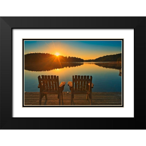 Canada-Ontario-Temagami Muskoka chairs on Snake Island Lake dock at sunrise Black Modern Wood Framed Art Print with Double Matting by Jaynes Gallery
