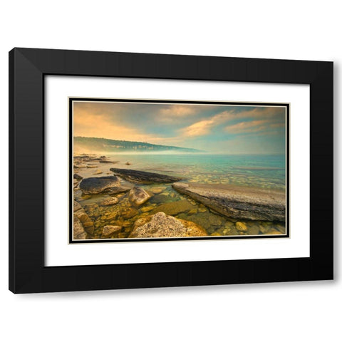 Canada-Ontario-Morning fog on Georgian Bay Limestone Rock Barrow Bay Bruce Peninsula Black Modern Wood Framed Art Print with Double Matting by Jaynes Gallery