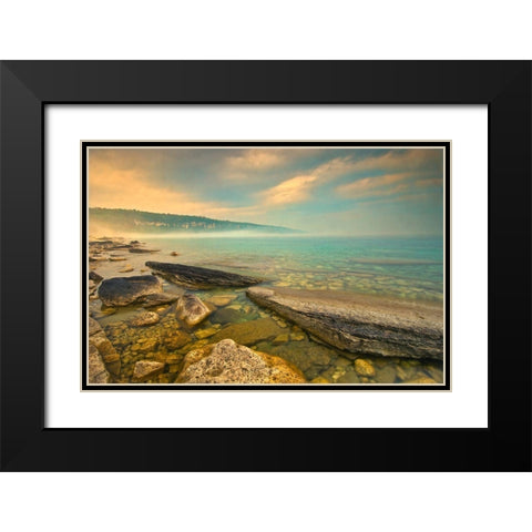 Canada-Ontario-Morning fog on Georgian Bay Limestone Rock Barrow Bay Bruce Peninsula Black Modern Wood Framed Art Print with Double Matting by Jaynes Gallery