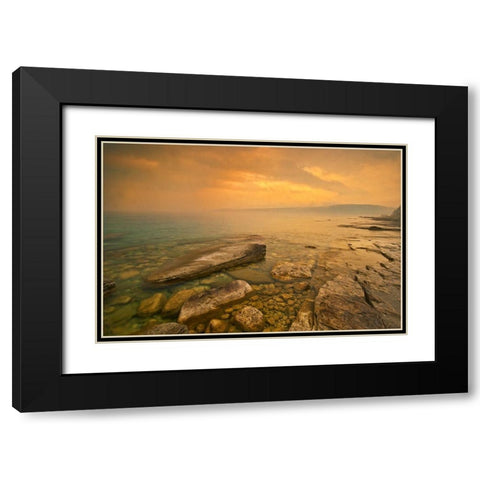 Canada-Ontario-Morning fog on Georgian Bay Limestone Rock Barrow Bay Bruce Peninsula Black Modern Wood Framed Art Print with Double Matting by Jaynes Gallery