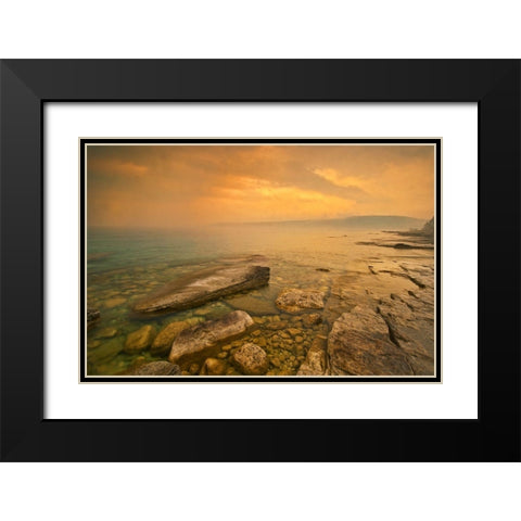 Canada-Ontario-Morning fog on Georgian Bay Limestone Rock Barrow Bay Bruce Peninsula Black Modern Wood Framed Art Print with Double Matting by Jaynes Gallery