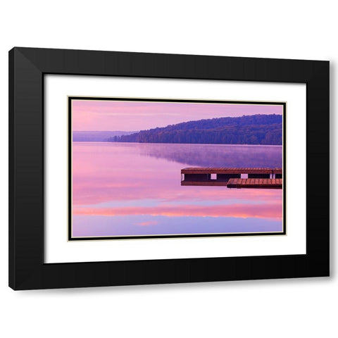 Canada-Ontario-Algonquin Provincial Park-Dock and fog on Lake of Two Rivers Black Modern Wood Framed Art Print with Double Matting by Jaynes Gallery