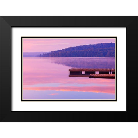 Canada-Ontario-Algonquin Provincial Park-Dock and fog on Lake of Two Rivers Black Modern Wood Framed Art Print with Double Matting by Jaynes Gallery