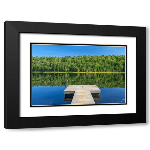 Canada-Quebec-La Mauricie National Park Tree reflection and dock in Lac Modene Black Modern Wood Framed Art Print with Double Matting by Jaynes Gallery