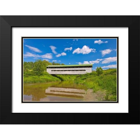 Canada-Quebec-St-Bruno-de-Guigues Covered bridge over river Black Modern Wood Framed Art Print with Double Matting by Jaynes Gallery