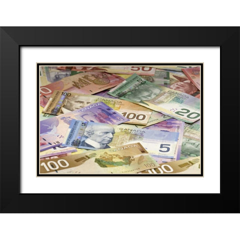 Close-up of assorted Canadian paper currency Black Modern Wood Framed Art Print with Double Matting by Flaherty, Dennis