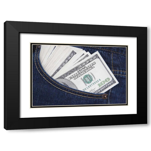 Some US $100 bills in a jeans pocket Black Modern Wood Framed Art Print with Double Matting by Flaherty, Dennis
