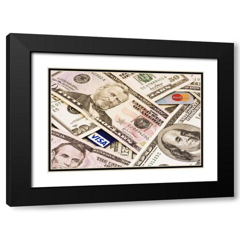 Assorted US paper currency and credit cards Black Modern Wood Framed Art Print with Double Matting by Flaherty, Dennis