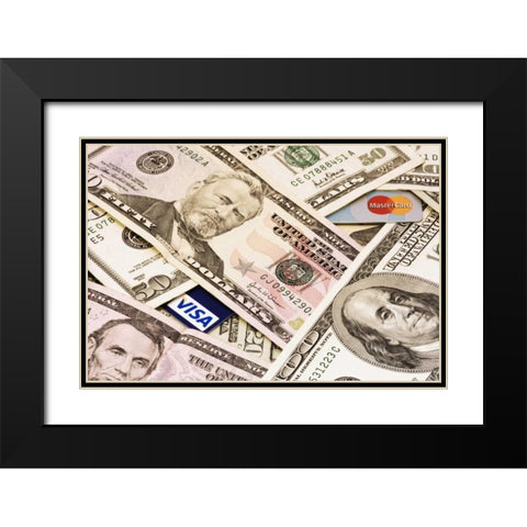 Assorted US paper currency and credit cards Black Modern Wood Framed Art Print with Double Matting by Flaherty, Dennis