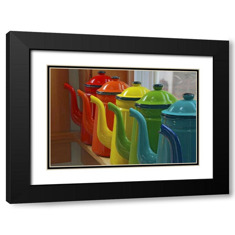 Coffee pots in orderly row on window sill Black Modern Wood Framed Art Print with Double Matting by Terrill, Steve
