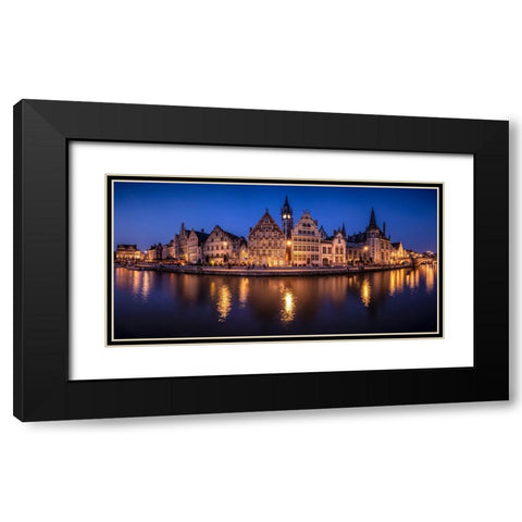 Europe-Belgium-Ghent-Panoramic of town and canal reflections at night Black Modern Wood Framed Art Print with Double Matting by Jaynes Gallery