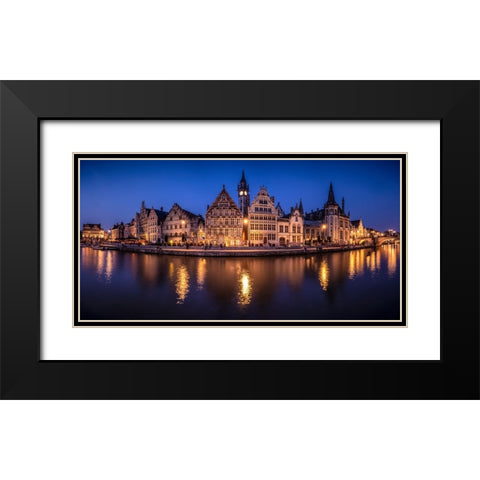 Europe-Belgium-Ghent-Panoramic of town and canal reflections at night Black Modern Wood Framed Art Print with Double Matting by Jaynes Gallery