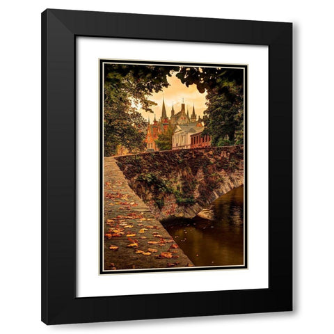 Fall leaf strewn bridge over a canal in Bruges-Belgium Black Modern Wood Framed Art Print with Double Matting by Steve Mohlenkamp