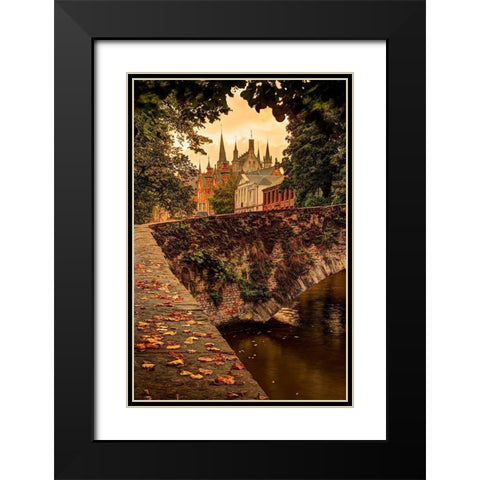 Fall leaf strewn bridge over a canal in Bruges-Belgium Black Modern Wood Framed Art Print with Double Matting by Steve Mohlenkamp