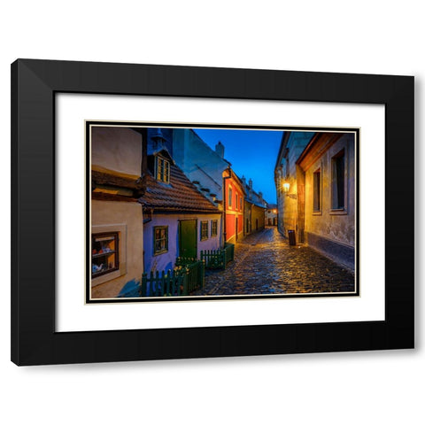 Europe-Czech Republic-Prague-Golden Lane buildings and street at night Black Modern Wood Framed Art Print with Double Matting by Jaynes Gallery