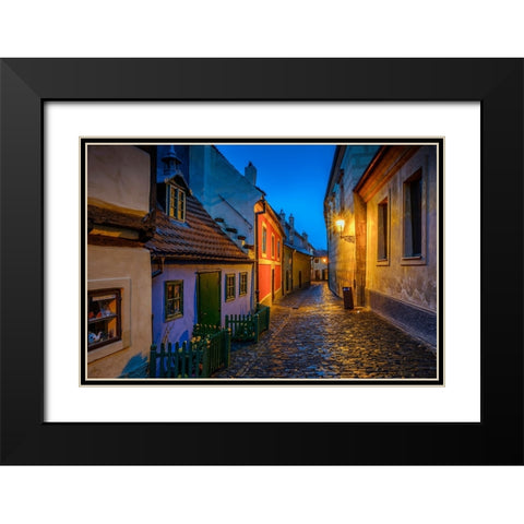 Europe-Czech Republic-Prague-Golden Lane buildings and street at night Black Modern Wood Framed Art Print with Double Matting by Jaynes Gallery