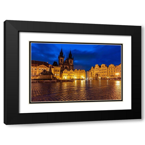 Tyn Church at dawn on wet cobblestones in Old Town Square in Prague-Czech Republic Black Modern Wood Framed Art Print with Double Matting by Haney, Chuck