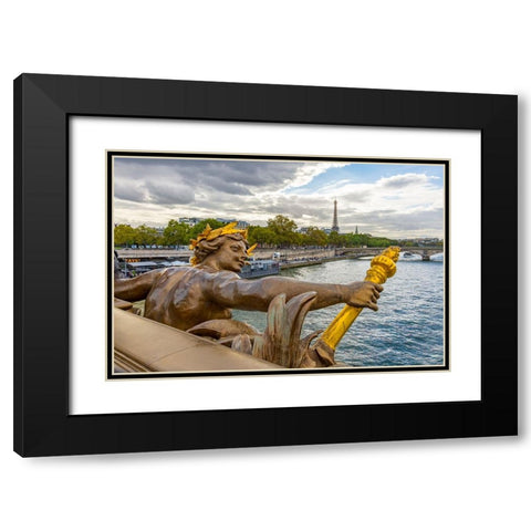 Paris. Nymphes de la Seine statue on Pont Alexandre III- along River Seine. Distant Eiffel Tower. Black Modern Wood Framed Art Print with Double Matting by Wilson, Emily M.