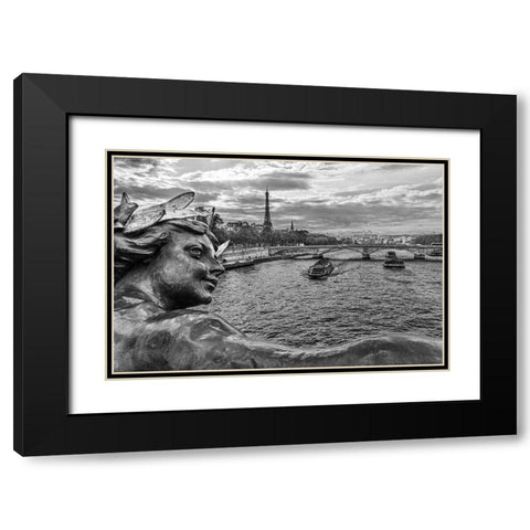 Paris. Nymphes de la Seine statue on Pont Alexandre III- along River Seine. Distant Eiffel Tower. Black Modern Wood Framed Art Print with Double Matting by Wilson, Emily M.