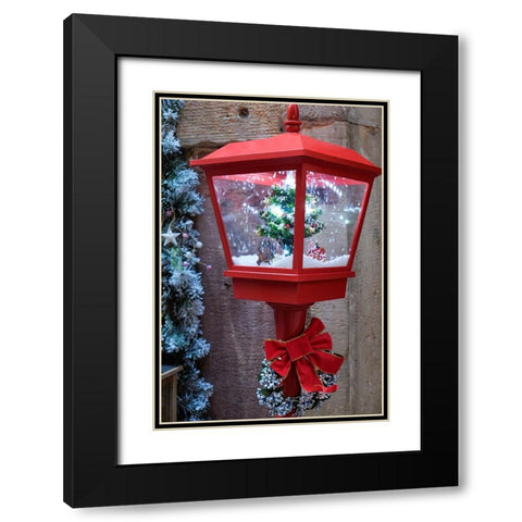 Strasbourg-France Christmas red lamp post with blowing snow inside Black Modern Wood Framed Art Print with Double Matting by McRoberts, Julien