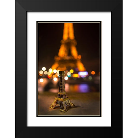 A souvenir Eiffel Tower on the wall of the Seine River across from the real thing Black Modern Wood Framed Art Print with Double Matting by Steve Mohlenkamp
