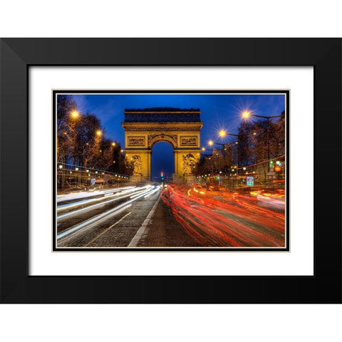 Traffic passes the Arch de Triumph on the Champs Elysee in Paris-France Black Modern Wood Framed Art Print with Double Matting by Steve Mohlenkamp