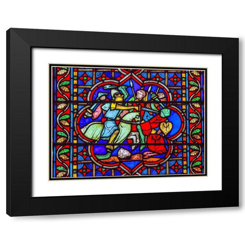 Knights Fighting Swords Horses Battle War stained glass-Notre Dame Cathedral-Paris-France  Black Modern Wood Framed Art Print with Double Matting by Perry, William
