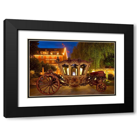 Germany-Lindau Island-Lake Constance Victorian ornate carriage in front of hotel at night Black Modern Wood Framed Art Print with Double Matting by Jaynes Gallery