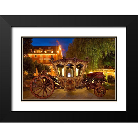Germany-Lindau Island-Lake Constance Victorian ornate carriage in front of hotel at night Black Modern Wood Framed Art Print with Double Matting by Jaynes Gallery