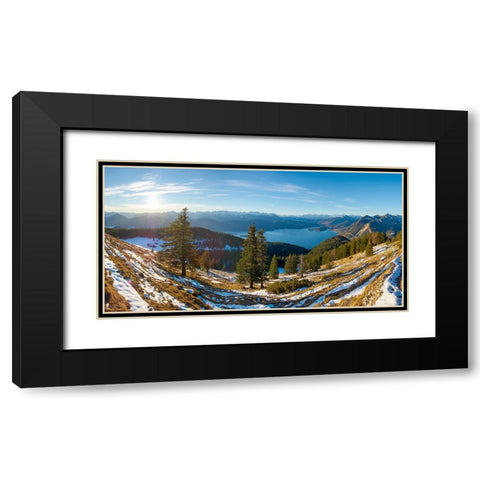 View from Mt-Jochberg near lake Walchensee towards lake Walchensee-Wetterstein mountain range and K Black Modern Wood Framed Art Print with Double Matting by Zwick, Martin