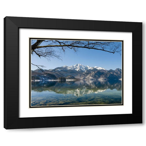 Lake Kochelsee at village Kochel am See during winter in the Bavarian Alps-Mt-Herzogstand in the ba Black Modern Wood Framed Art Print with Double Matting by Zwick, Martin