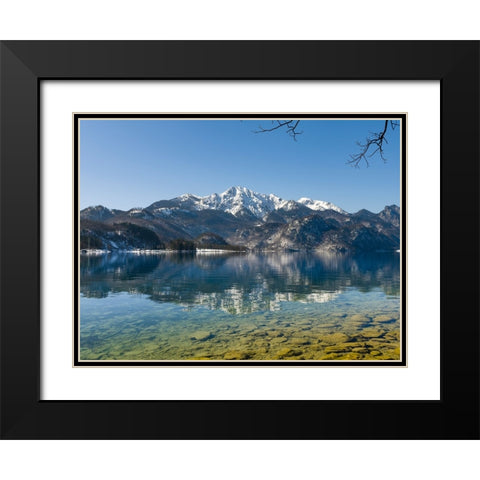Lake Kochelsee at village Kochel am See during winter in the Bavarian Alps-Mt-Herzogstand in the ba Black Modern Wood Framed Art Print with Double Matting by Zwick, Martin
