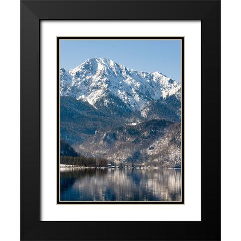 Lake Kochelsee at village Kochel am See during winter in the Bavarian Alps-Mt-Herzogstand in the ba Black Modern Wood Framed Art Print with Double Matting by Zwick, Martin