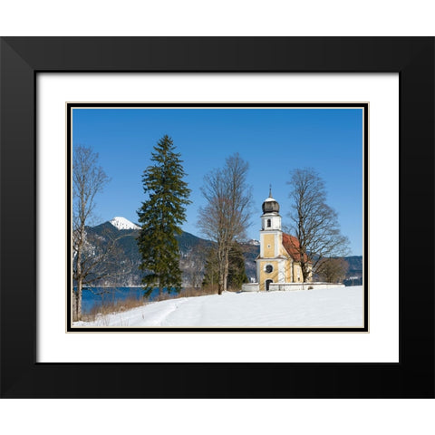 Church Sankt Margareth at Zwergern Spitz-Lake Walchensee near village Einsiedl in the snowy Bavaria Black Modern Wood Framed Art Print with Double Matting by Zwick, Martin