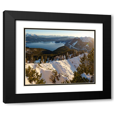 View towards lake Walchensee and the Karwendel mountain range-View from Mt-Jochberg near lake Walch Black Modern Wood Framed Art Print with Double Matting by Zwick, Martin