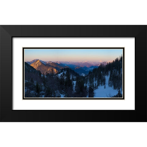 View towards Karwendel Mountains-Mt-Jochberg and Mt-Benediktenwand-View from Mt-Herzogstand near la Black Modern Wood Framed Art Print with Double Matting by Zwick, Martin