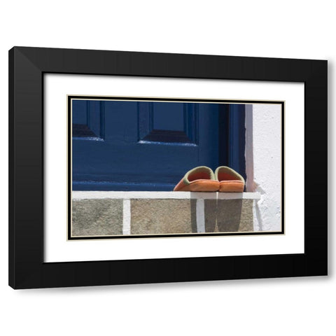 Greece, Mykonos, Hora Slippers on threshold Black Modern Wood Framed Art Print with Double Matting by Young, Bill