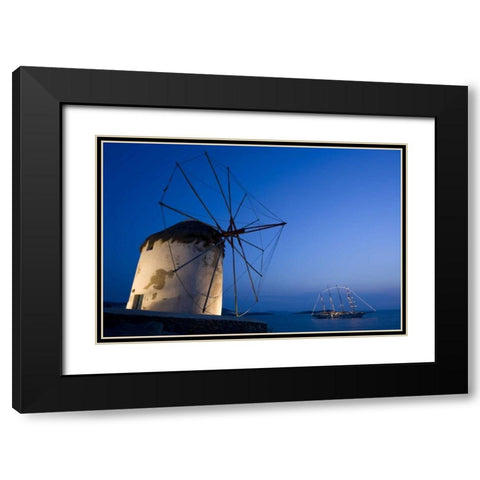 Greece, Mykonos, Hora Windmill and luxury yacht Black Modern Wood Framed Art Print with Double Matting by Young, Bill