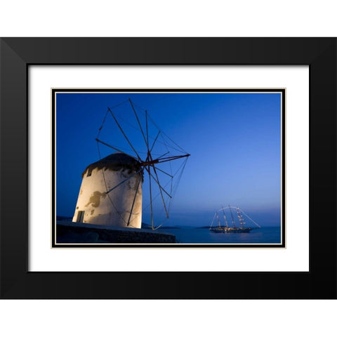 Greece, Mykonos, Hora Windmill and luxury yacht Black Modern Wood Framed Art Print with Double Matting by Young, Bill