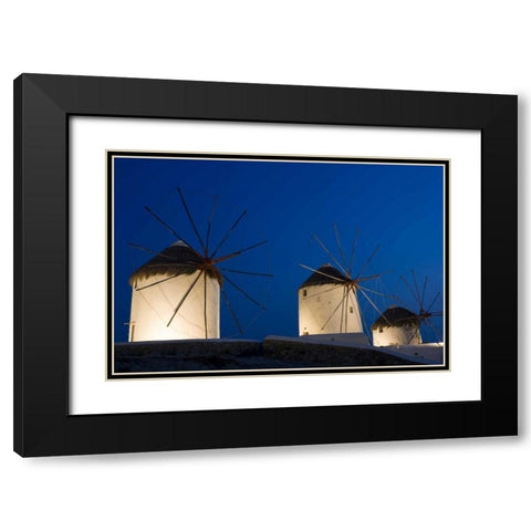 Greece, Mykonos, Hora Windmills lit at sunset Black Modern Wood Framed Art Print with Double Matting by Young, Bill
