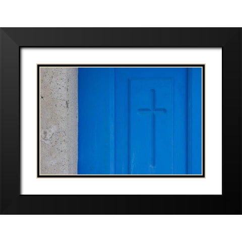 Greece, Oia Christian cross engraved in a door Black Modern Wood Framed Art Print with Double Matting by Young, Bill