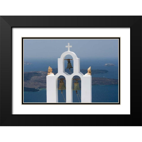 Greece, Santorini Church bell tower with sea Black Modern Wood Framed Art Print with Double Matting by Young, Bill